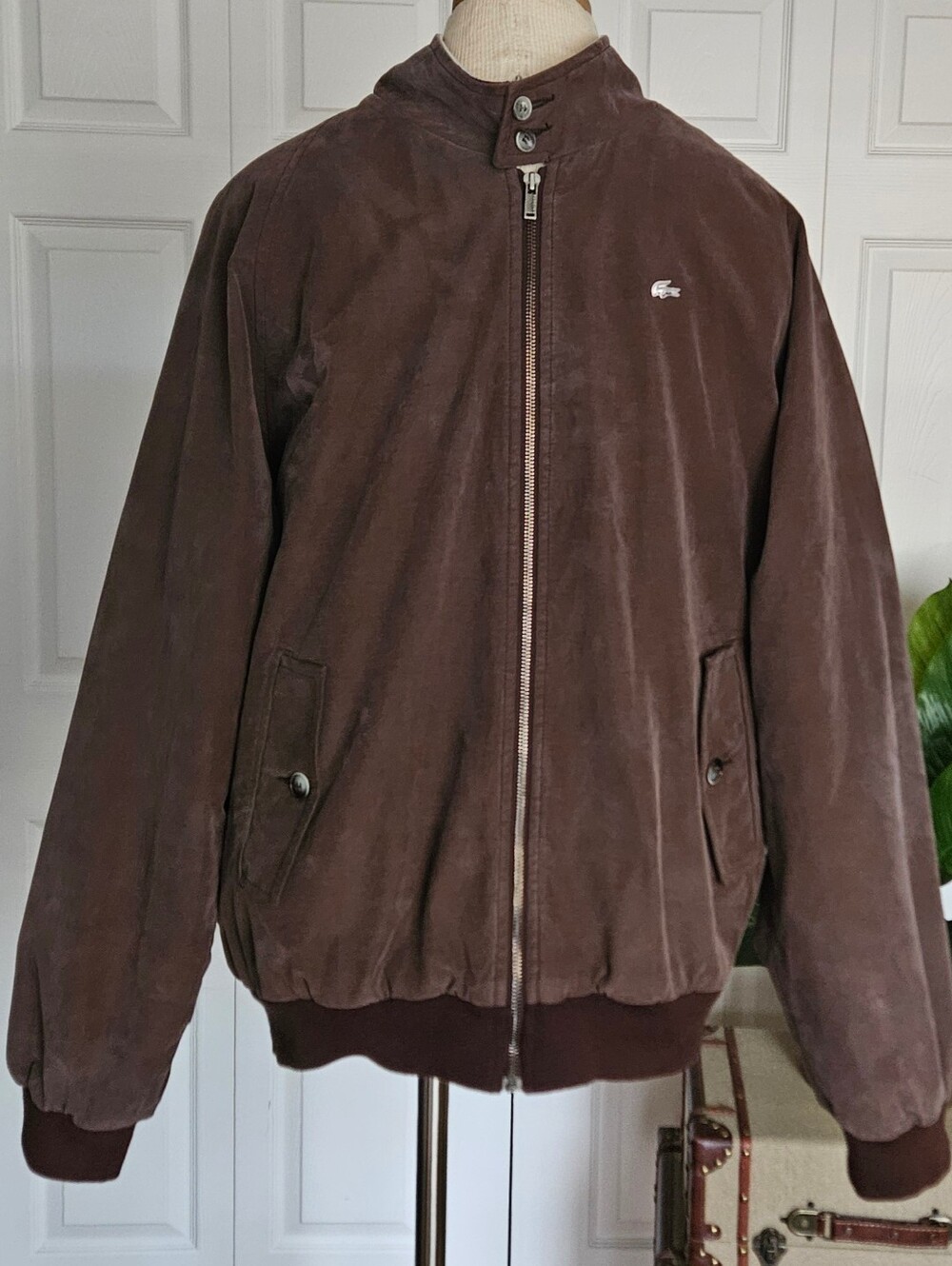 Vintage 90s Lacoste Harrington Bomber Jacket Brown Metal Croc Logo Size XXL